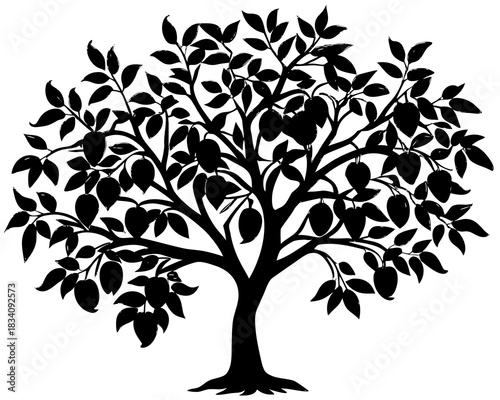 Black silhouette of a fruit tree with leaves and ripe fruits