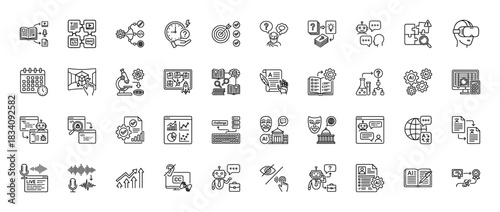 Education, ai, and technology line icon set. vector pictograms of learning, coding, research, development, and virtual reality, thin linear illustration.