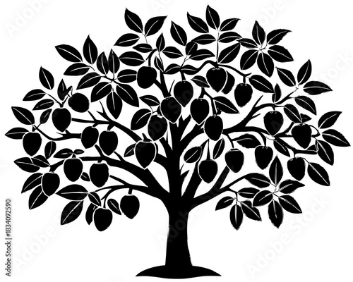 Black silhouette of a fruit tree with leaves and ripe fruits