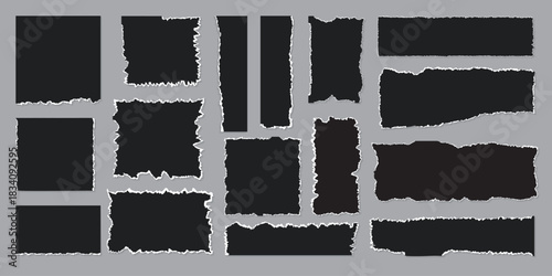 Set of black with white edges, torn or broken sheet of paper. Scrapped edge or blank page divided vector illustration. Abstract realistic decoration or clip art decoration for social media banner back