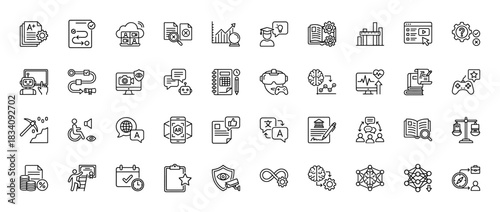 Business and technology line icon set. Vector pictograms of machine learning, ar gaming, legal contract, and data analysis, thin linear illustration.