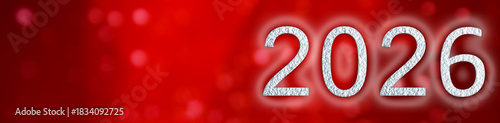 Happy New Year 2026 Red Background. Holidays, congratulations, winter, cards. Panoramic banner.