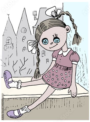 Vintage doll is sitting on the windowsill at the old town background. Hand drawn vector sketch.