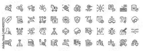 Cybersecurity line icon set. Vector pictograms of trojan horse, ransomware, malware, phishing, spyware, firewall, botnet, ddos and bug, thin linear illustration.