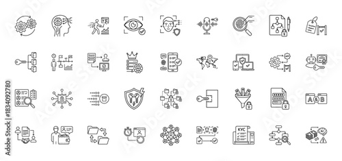 Cybersecurity and data protection line icon set. vector pictograms of face id, key access, secure network, and kyc form, thin linear illustration.