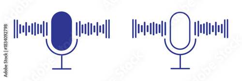 Microphone icon with sound wave symbol. Voice Recording and Audio Input Interface. Sound Control and Recording sign. Podcast Studio or Speaking Broadcast symbols. Set of microphones with sound waves 
