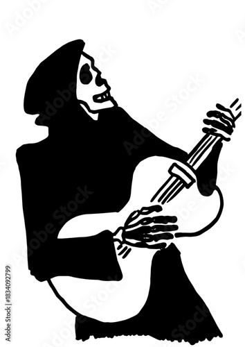 A skeleton in a black hood plays the guitar. Black vector illustration, hand drawn.
