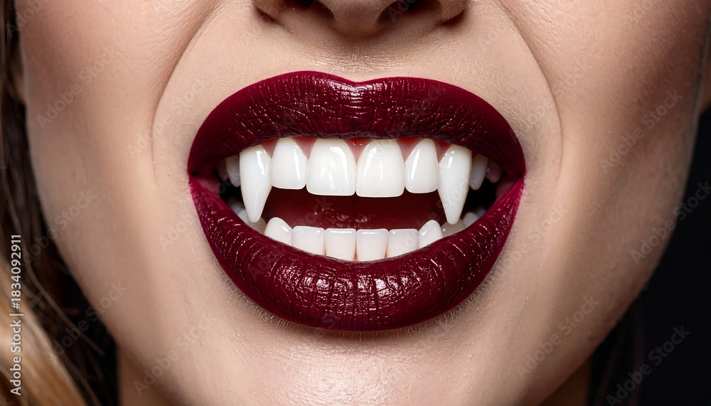 Obraz premium A close-up shows glossy, dark red lips parted to reveal sharp, white vampire fangs and teeth, set on fair skin