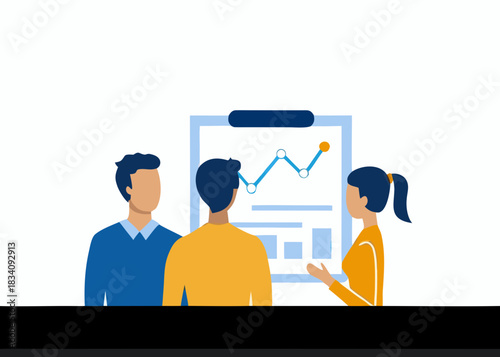 Team analyzing business growth chart on presentation board