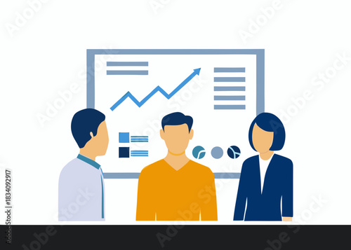 Business team analyzing financial growth chart on a whiteboard