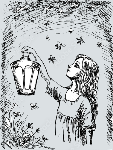 A girl holding a lantern and fireflies flying around at night. Hand drawn vector illustration.