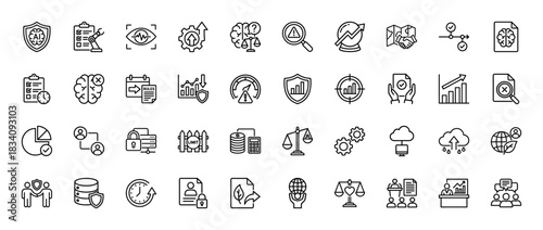Business and management line icon set. Vector pictograms of risk, strategy, compliance, automation, security, growth, finance, and partnership, thin linear illustration.