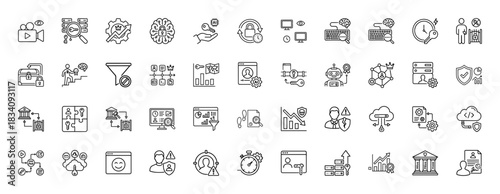 Data security and privacy line icon set. Vector pictograms of key, lock, shield, brain, server, funnel, and camera, thin linear illustration.