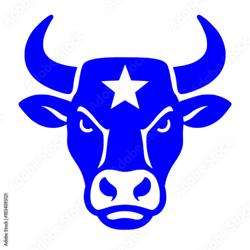 Bold blue bull head with a star emblem, strong, iconic symbol design
