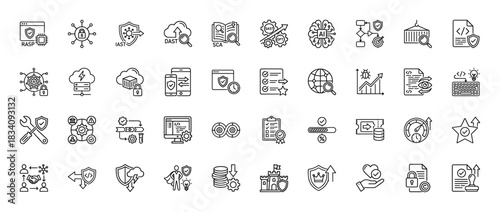 Application security line icon set. Vector pictograms of RASP, IAST, DAST, SCA, DevSecOps, and data protection, thin linear illustration.