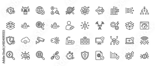 Cybersecurity line icon set. Vector pictograms of shield, lock, user, search, server, network, and data protection, thin linear illustration.