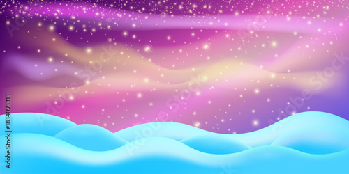 Realistic cartoon Christmas snow hills with falling snowflakes and northern lights background. Winter wide landscape design element with blue snow. Minimal north pole composition with snowy fields