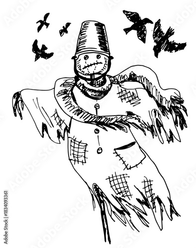 A scarecrow and the crows. Black vector illustration. Hand drawn sketch.