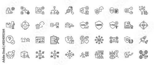 Data privacy and security thin line vector icon set. Pictograms of digital fingerprint, compliance shield, secure data, hacking, and legal governance, thin linear illustration collection.