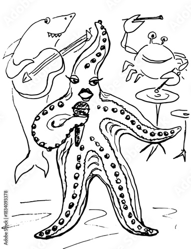 A starfish singing on stage. Funny vector cartoon illustration, hand drawn, black and white.