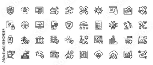 Cybersecurity and digital technology line icon set. Vector pictograms of ai, network, shield, database, and infrastructure, thin linear illustration.