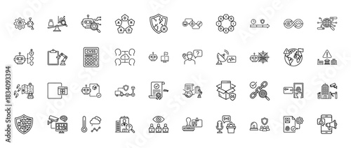Cybersecurity line icon set. Vector pictograms of shield, data, encryption, robot, threat, and alarm, thin linear illustration.