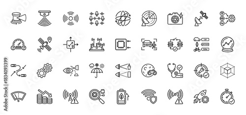 Smart technology and automotive sensor line icon set. Vector pictograms of radar, satellite, data analysis, and camera, thin linear illustration.