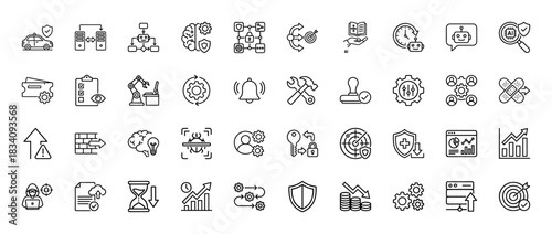 Technology and security line icon set. vector pictograms of server, brain, shield, robot, database, development, and data analysis, thin linear illustration.