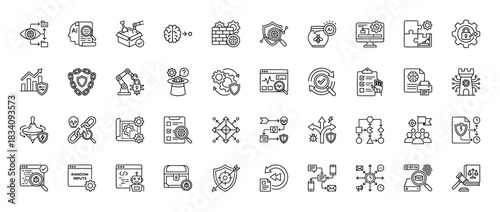 Artificial intelligence security line icon set. Vector pictograms of machine learning protection, algorithm defense, and data safeguards, thin linear illustration.
