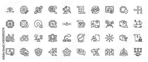 Supply chain security line icon set. Vector pictograms of blockchain, logistics, truck, delivery, and technology, thin linear illustration.
