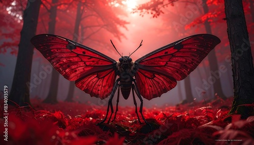 A giant red butterfly in a red forest with mist, wings spread, standing on red foliage, dramatic lighting