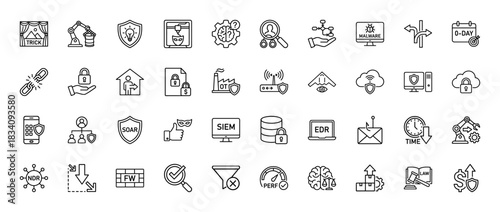 Cybersecurity and it threat protection line icon set. Vector pictograms of malware, firewall, vpn, data, network, and security, thin linear illustration.