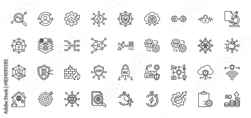 Cybersecurity and network defense line icon set. Vector pictograms of firewall, biometric security, malware, and risk management, thin linear illustration.