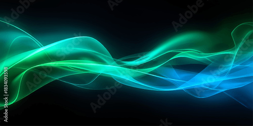 Abstract blue smoke waves with dynamic light flow and fractal curve illustration on a black backdrop