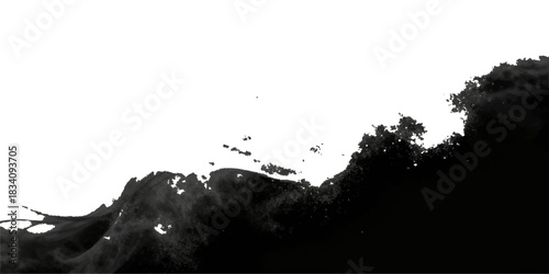 Black ink splatter pattern on white background with liquid drops, grunge texture, and graphic vector illustration design