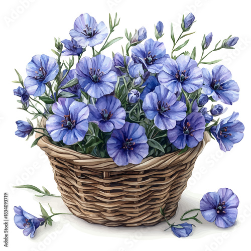 Delphinium Flower Basket, watercolor clipart vector, isolated on a white background.