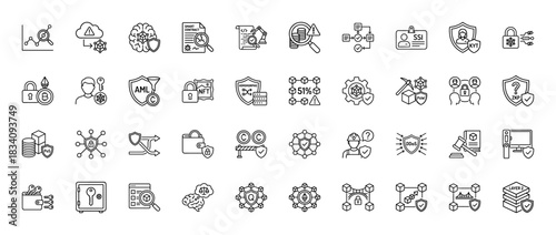 Cryptocurrency and blockchain security line icon set. Vector pictograms of smart contract, wallet, aml, nft, and ddos shield, thin linear illustration.