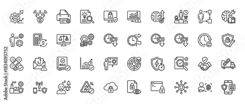 Cybersecurity and risk management line icon set. Vector pictograms of security shield, data analytics, automation, and incident response, thin linear illustration.