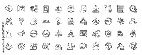 Data privacy and security line icon set. Vector pictograms of gdpr, ccpa, security lock, and compliance checklist, thin linear illustration.