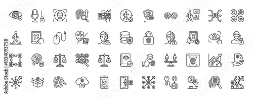 Biometric security and personal data protection line icon set. Vector pictograms of fingerprint, facial recognition, walking, and ai defense, thin linear illustration.