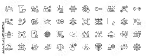 Technology and security line icon set. Vector pictograms of blockchain, data, smart contract, and cyber protection, thin linear illustration.