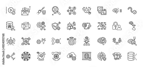 Artificial intelligence and cybersecurity line icon set. Vector pictograms of data security, brain computing, and cyber attack, thin linear illustration.