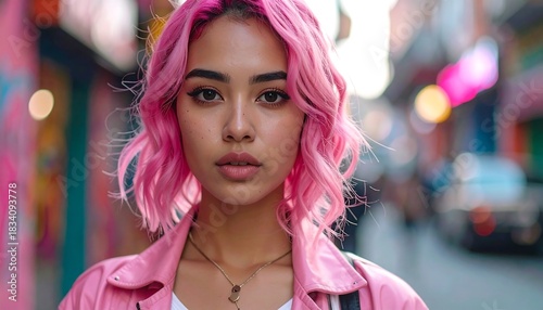 A girl with bright pink hair stands in a colorful alley, looking directly at the viewer