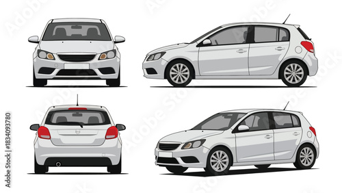 Vector art of a compact hatchback car shown from multiple angles, highlighting its practical design, urban-friendly shape, and versatile everyday use for transportation, marketing, and automotive