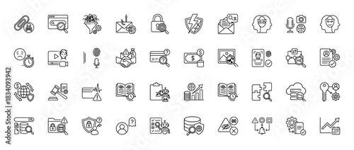 Fraud detection and cyber security line icon set. Vector pictograms of phishing, identity verification, biometrics, money laundering, deepfake, thin linear illustration.
