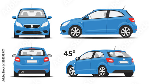 Vector art of a compact hatchback car shown from multiple angles, highlighting its practical design, urban-friendly shape, and versatile everyday use for transportation, marketing, and automotive