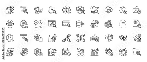 Cybersecurity line icon set. Vector pictograms of data protection, robot, key, shield, and alert bell, thin linear illustration.