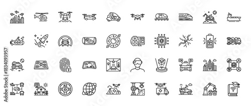 Future technology line icon set. Vector pictograms of transport, smart city, artificial intelligence, and virtual reality, thin linear illustration.