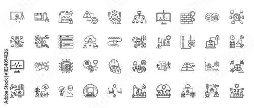 Industrial cybersecurity line icon set. Vector pictograms of system security, factory automation, data protection, and network firewall, thin linear illustration.