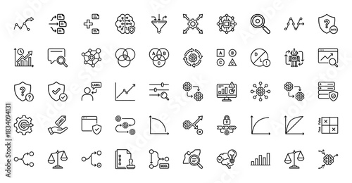 Data science and machine learning line icon set. Vector pictograms of algorithms, analysis, security, and models, thin linear illustration.